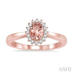6X4 MM Oval Cut Morganite Center and 1/8 ctw Round Cut Diamond Halo Precious Stone Ring in 10K Rose Gold