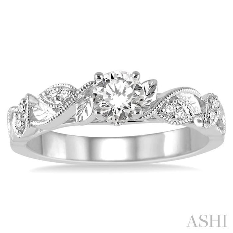 1/10 ctw Round Semi-Mount Leaf Motif Engagement Ring in 14K White Gold