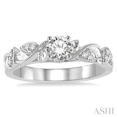1/10 ctw Round Semi-Mount Leaf Motif Engagement Ring in 14K White Gold