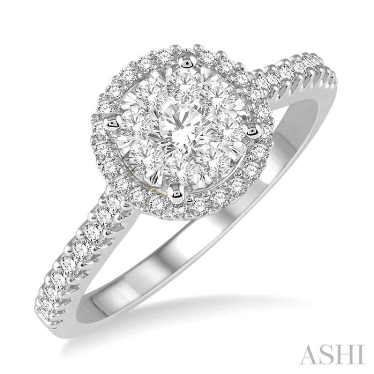 1/2 ctw Round Diamond Lovebright Halo Engagement Ring in 14K White and Yellow Gold