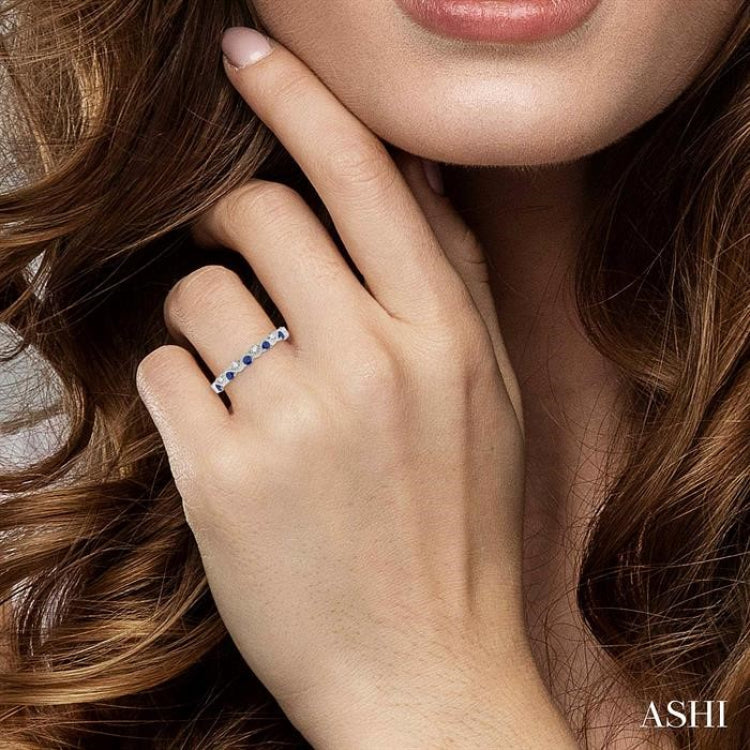 1.8 MM Sapphire and 1/6 Ctw Round Cut Diamond Precious Waves Wedding Band in 14K White Gold