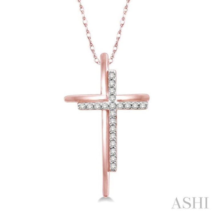 1/10 ctw Double Cross Round Cut Diamond Pendant With Link Chain in 10K Rose Gold