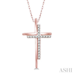 1/10 ctw Double Cross Round Cut Diamond Pendant With Link Chain in 10K Rose Gold