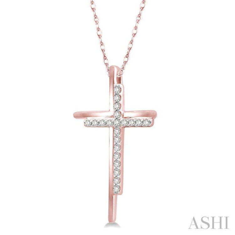 1/10 ctw Double Cross Round Cut Diamond Pendant With Link Chain in 10K Rose Gold