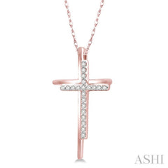 1/10 ctw Double Cross Round Cut Diamond Pendant With Link Chain in 10K Rose Gold