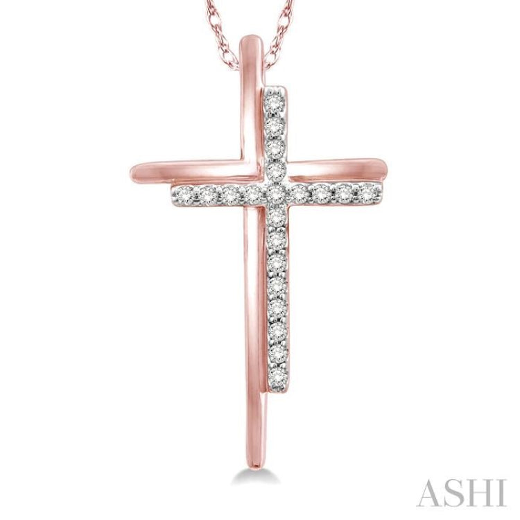 1/10 ctw Double Cross Round Cut Diamond Pendant With Link Chain in 10K Rose Gold