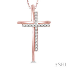 1/10 ctw Double Cross Round Cut Diamond Pendant With Link Chain in 10K Rose Gold