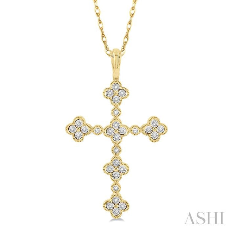 1/8 ctw Floral Cross Round Cut Diamond Pendant With Link Chain in 10K Yellow Gold