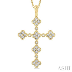 1/8 ctw Floral Cross Round Cut Diamond Pendant With Link Chain in 10K Yellow Gold