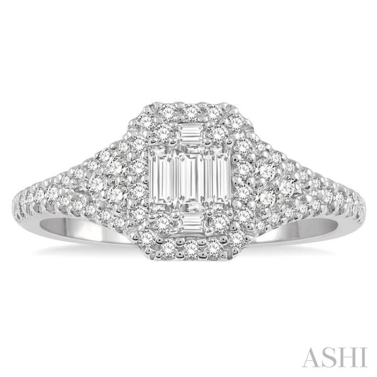 1/2 ctw Filled Octagonal Center Round Cut and Baguette Fusion Diamond Ring in 14K White Gold