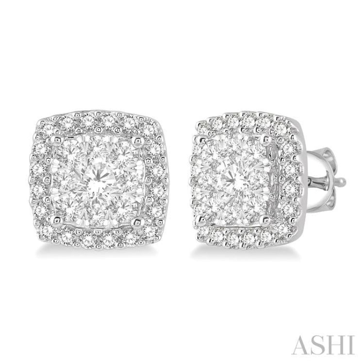1 ctw Cushion Shape Lovebright Round Cut Diamond Stud Earrings in 14K White Gold