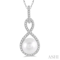 7x7 MM Round Shape Cultured Pearl and 1/6 ctw Twisted Loop Round Cut Diamond Pendant With Chain in 10K White Gold