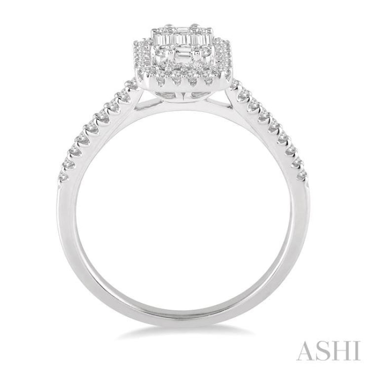 3/8 ctw Emerald Shape fusion Baguette and Round Cut Diamond Ring in 14K White Gold