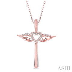 1/10 ctw Angel Wing & Heart Round Cut Diamond Cross Pendant With Chain in 10K Rose Gold
