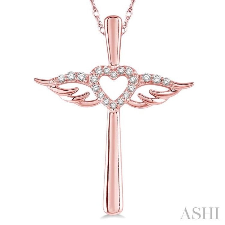 1/10 ctw Angel Wing & Heart Round Cut Diamond Cross Pendant With Chain in 10K Rose Gold