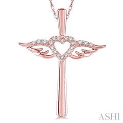 1/10 ctw Angel Wing & Heart Round Cut Diamond Cross Pendant With Chain in 10K Rose Gold