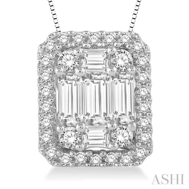 3/4 ctw Octagonal Baguette & Round Cut Diamond Pendant With Box Chain in 14K White Gold