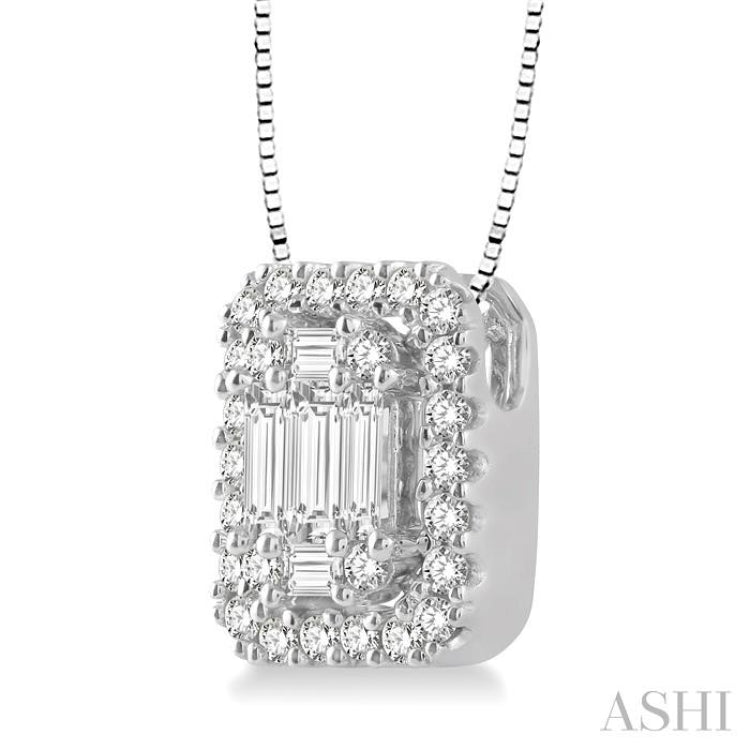 3/8 ctw Octagonal Baguette & Round Cut Diamond Pendant With Box Chain in 14K White Gold