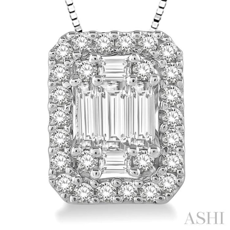 3/8 ctw Octagonal Baguette & Round Cut Diamond Pendant With Box Chain in 14K White Gold
