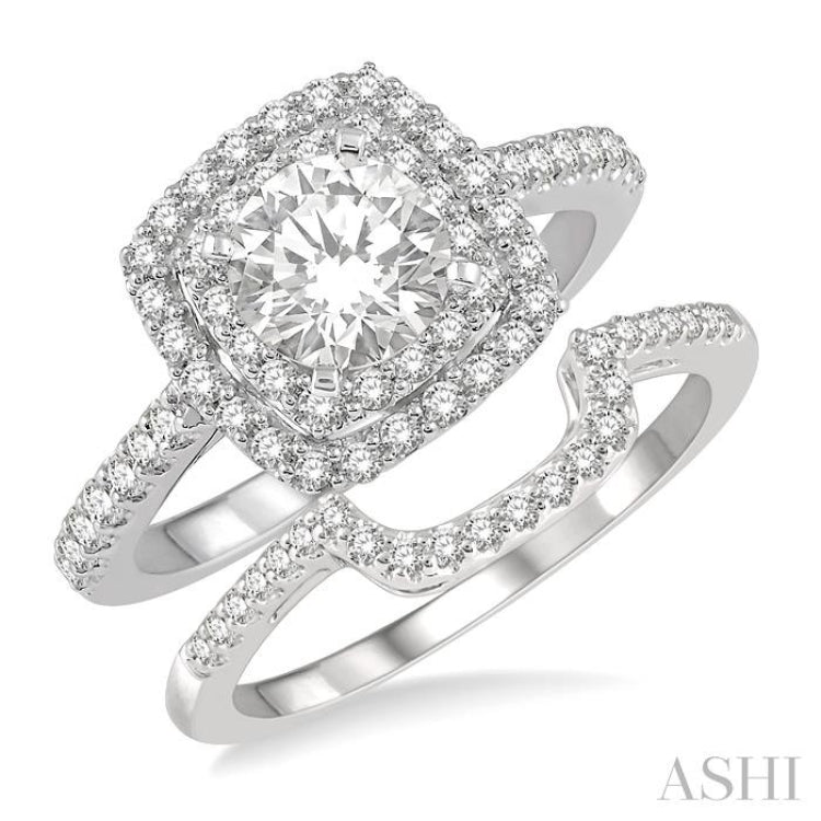 1 1/2 ctw Diamond Wedding Set With 1 1/3 ct Twin Halo 3/4 ct Round Cut Center Stone Engagement Ring and 1/4 ct Wedding Band in 14K White Gold
