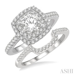 1 1/2 ctw Diamond Wedding Set With 1 1/3 ct Twin Halo 3/4 ct Round Cut Center Stone Engagement Ring and 1/4 ct Wedding Band in 14K White Gold