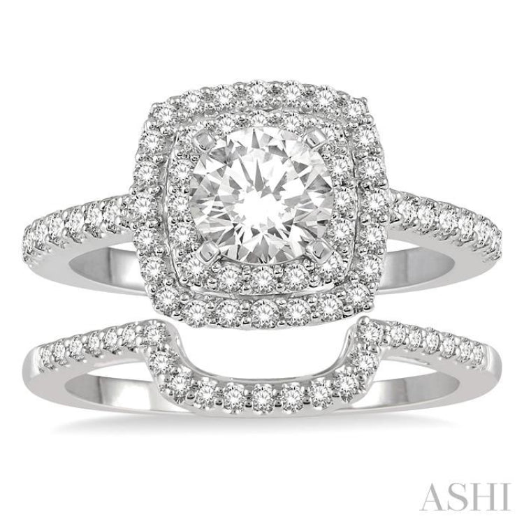 1 1/2 ctw Diamond Wedding Set With 1 1/3 ct Twin Halo 3/4 ct Round Cut Center Stone Engagement Ring and 1/4 ct Wedding Band in 14K White Gold
