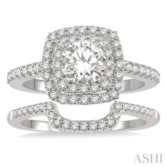 1 1/2 ctw Diamond Wedding Set With 1 1/3 ct Twin Halo 3/4 ct Round Cut Center Stone Engagement Ring and 1/4 ct Wedding Band in 14K White Gold