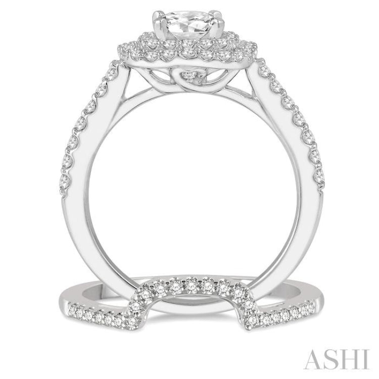1 1/2 ctw Diamond Wedding Set With 1 1/3 ct Twin Halo 3/4 ct Round Cut Center Stone Engagement Ring and 1/4 ct Wedding Band in 14K White Gold