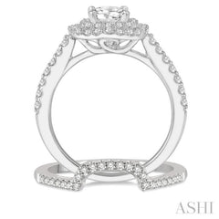 1 1/2 ctw Diamond Wedding Set With 1 1/3 ct Twin Halo 3/4 ct Round Cut Center Stone Engagement Ring and 1/4 ct Wedding Band in 14K White Gold