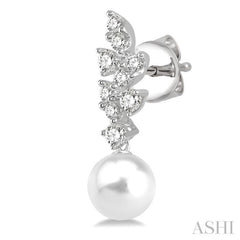8 MM Cultured Pearlsr and 1/3 ctw Diamond Creepe Dangler Earrings in 14K White Gold