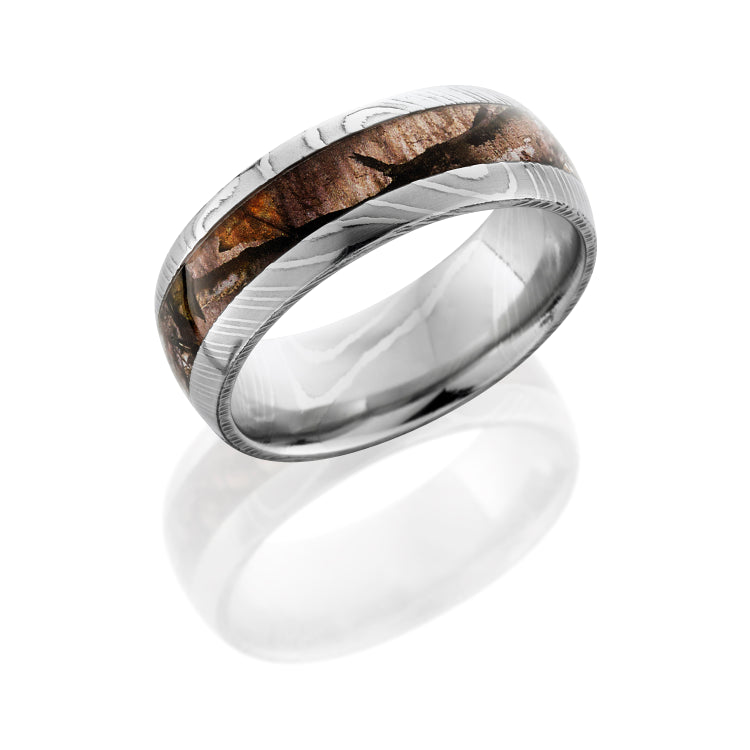 Damascus Steel 8mm Domed Band with 4mm Mossy Oak Treestand Camo inlay