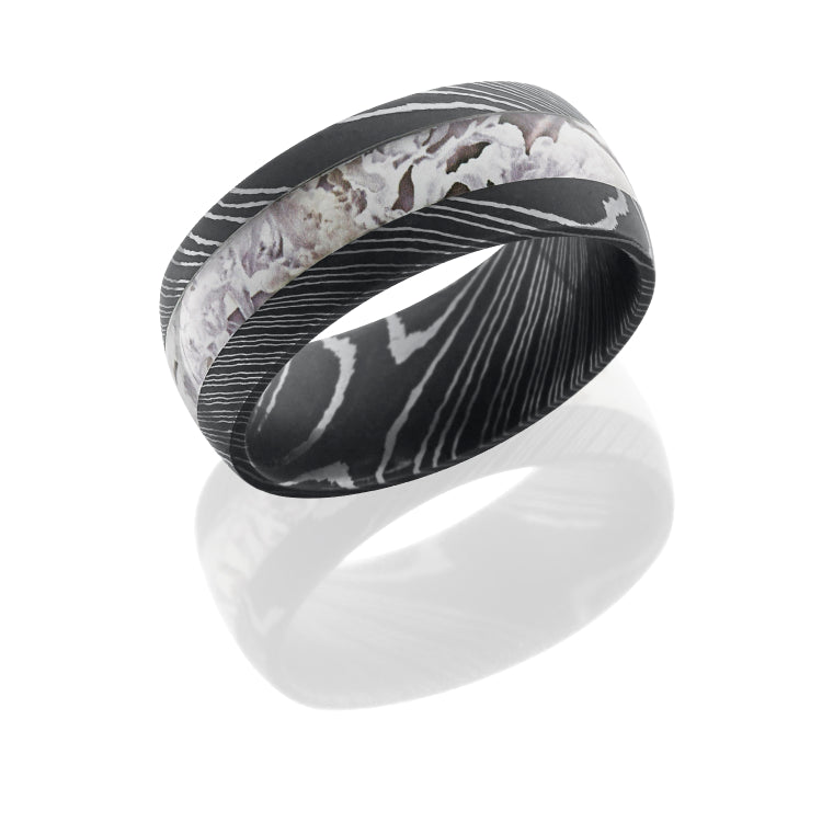 Damascus Steel 9mm Domed Band with 4mm King's Snow Camo inlay