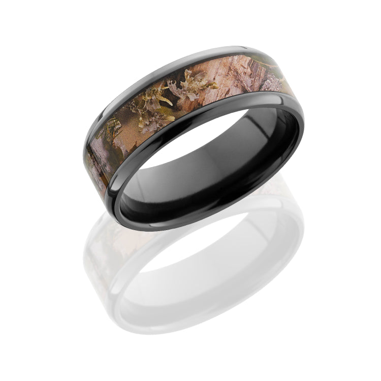 Zirconium 8mm beveled band with 5mm King's Mountain Camo inlay