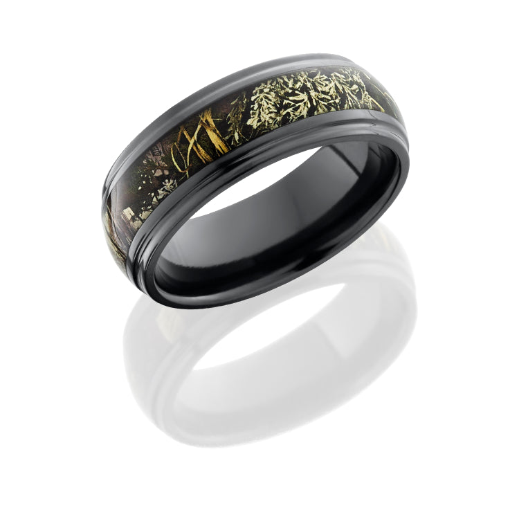 Zirconium 8mm Domed Band with Grooved Edges and 4mm Realtree Max1 Camo inlay