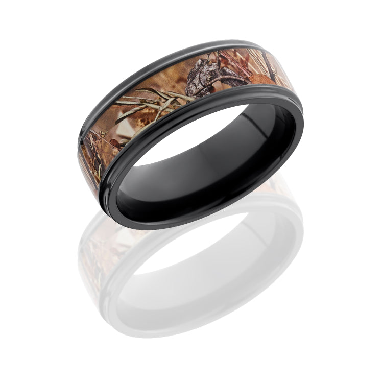 Zirconium 8mm Flat Band with Grooved Edges and 5mm King's Field Camo inlay
