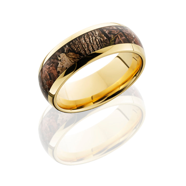 14K Yellow Gold 8mm Domed Band with 5mm King's Woodland Camo inlay