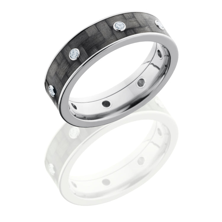Titanium 6mm Flat Band with 5mm Carbon Fiber inlay and Eight .03ct Diamonds - TCW .24