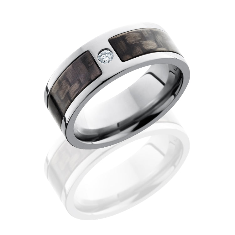 Titanium 8mm Flat Band with 5mm of Carbon Fiber and Flush-set .07 White Round Diamond