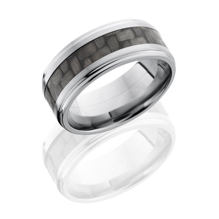 Titanium 9mm Flat Band with 4mm of Carbon Fiber and Grooved Edges