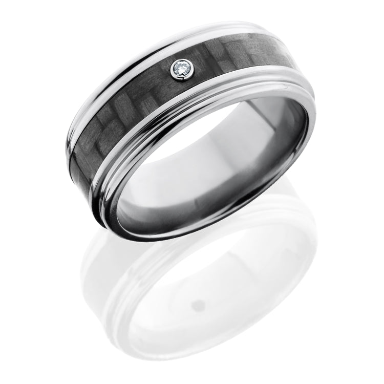 Titanium 8mm Flat Band with 3mm of Carbon Fiber, Rounded Edges and Bezel-set .03 White Round Diamond