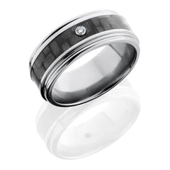 Titanium 8mm Flat Band with 3mm of Carbon Fiber, Rounded Edges and Bezel-set .03 White Round Diamond