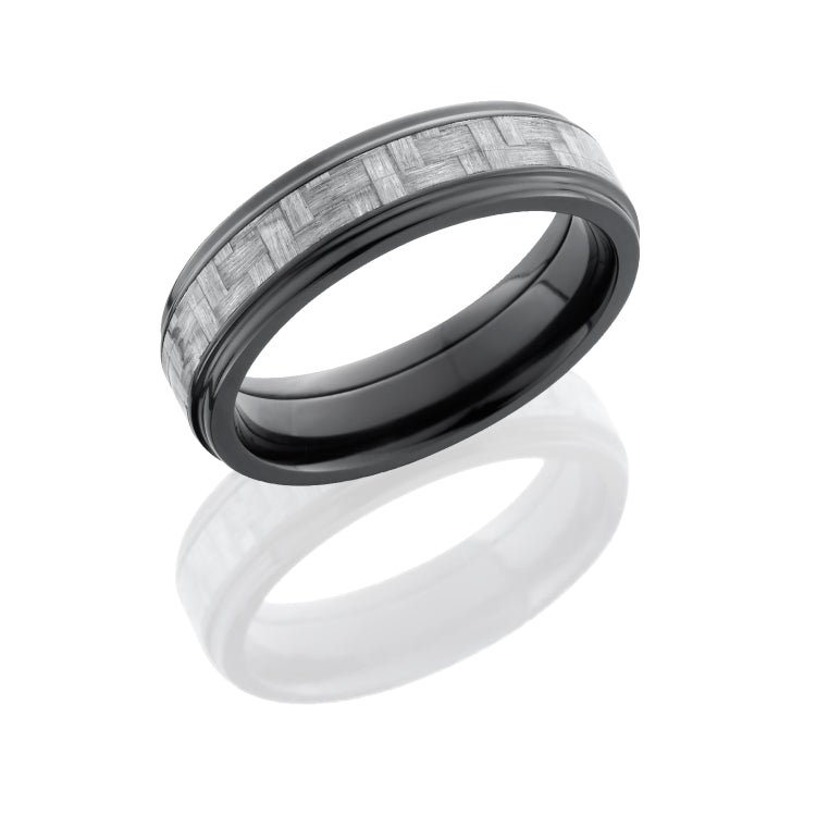 Zirconium 6mm Flat Band with Grooved Edges and 3mm Silver Carbon Fiber inlay