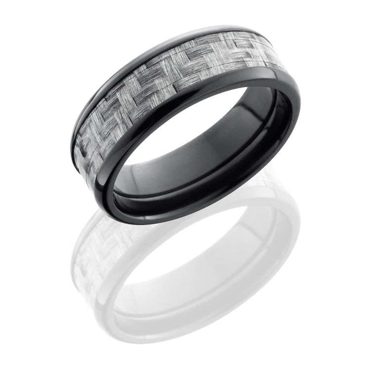Zirconium 8mm Flat Band with Beveled Edges and 5mm Silver Carbon Fiber inlay