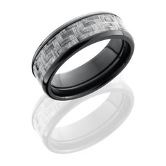 Zirconium 8mm Flat Band with Beveled Edges and 5mm Silver Carbon Fiber inlay