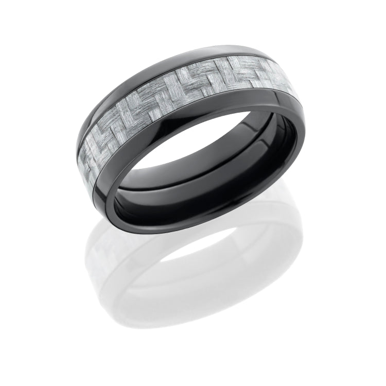 Zirconium 8mm domed band with 4mm Silver Carbon Fiber inlay