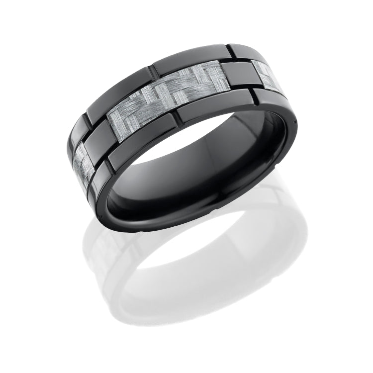 Zirconium 8mm flat band with 4 segments of Silver Carbon Fiber