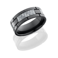 Zirconium 8mm flat band with 4 segments of Silver Carbon Fiber