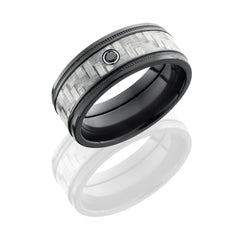 Zirconium 9mm Flat Band with 5mm of Silver Carbon Fiber, Grooved Edges and Bezel-set .05 Black Round Diamond