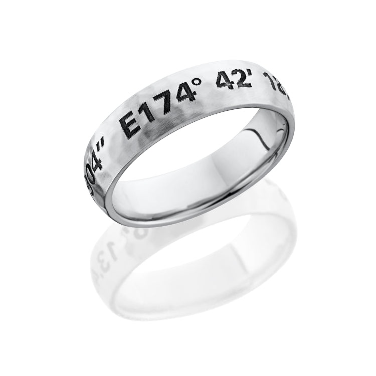 Cobalt Chrome 6mm domed band with customized laser carved coordinates