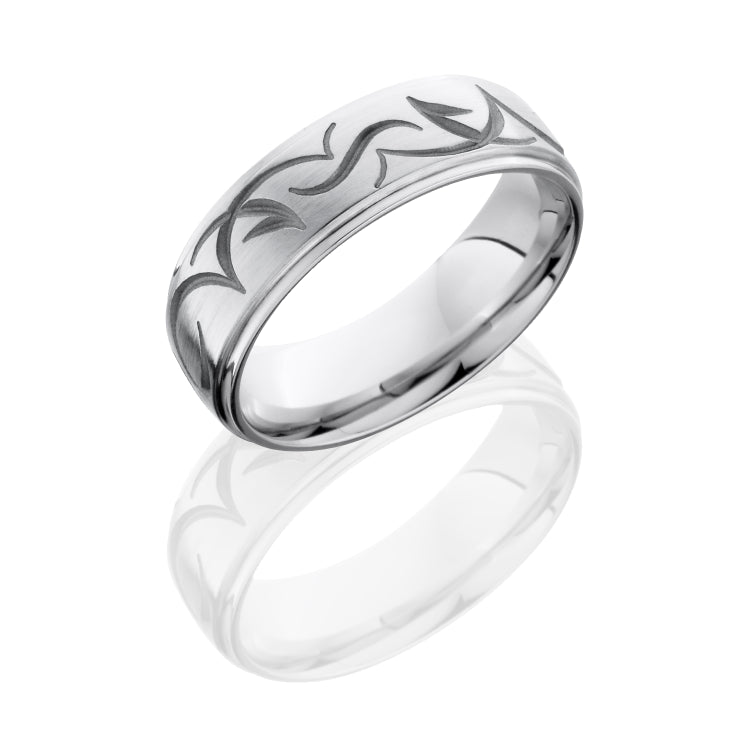 Cobalt Chrome 7mm Domed Band with Grooved Edge and Tribal Pattern